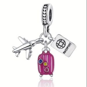 Pandora Pink Suitcase Travel Dangle Charm with Airplane & Passport